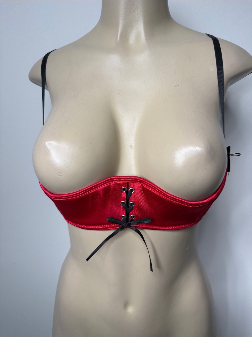 Red Satin Lace-Up Balconette Bra with Adjustable Straps